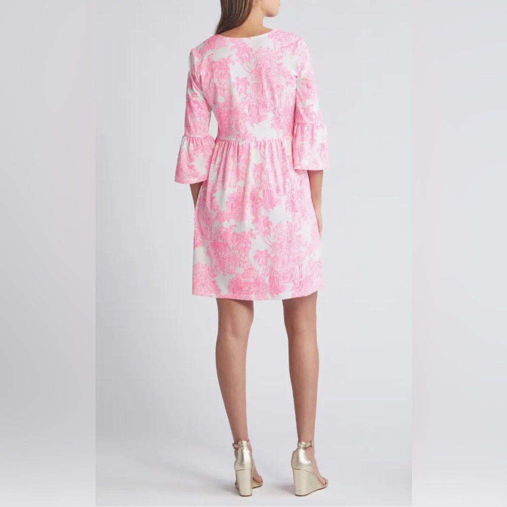 Lilly Pulitzer Jannie V-Neck Bell Sleeve Dress in Pink PB Anniversary Toile - Picture 4 of 12
